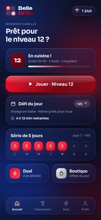 Écran d'accueil de l'appli Belle Grille