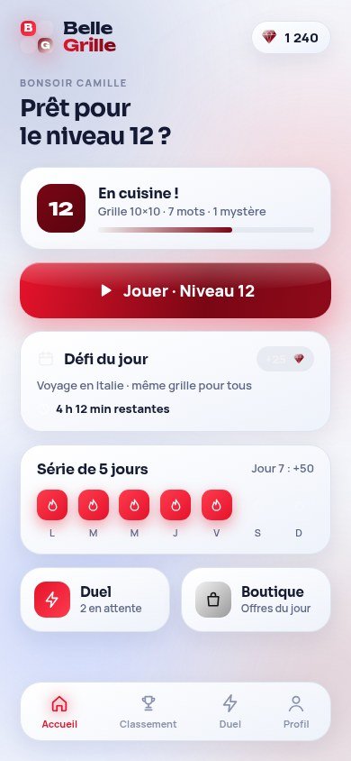 Écran d'accueil en mode clair