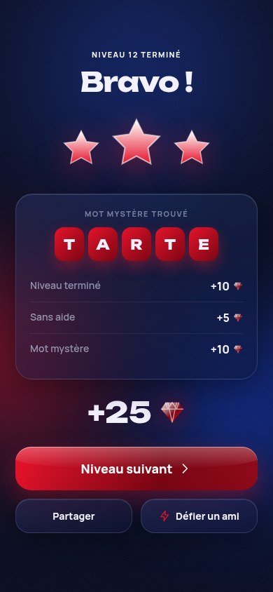 Écran de fin de niveau avec le mot mystère