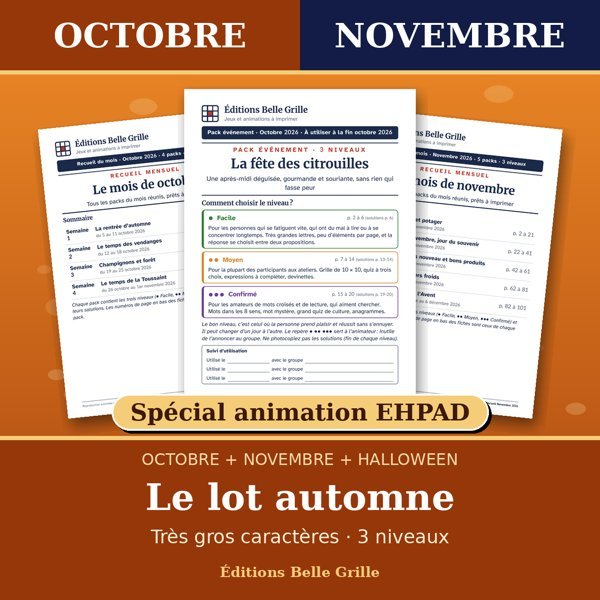 Couverture : Le lot automne : Octobre + Novembre + Halloween – Spécial animation EHPAD, jeux seniors en très gros caractères