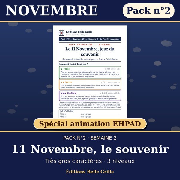 Couverture : Novembre · Pack n°2 11 Novembre, le souvenir – Spécial animation EHPAD, jeux seniors en très gros caractères