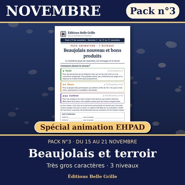 Couverture : Novembre · Pack n°3 Beaujolais et terroir – Spécial animation EHPAD, jeux seniors en très gros caractères
