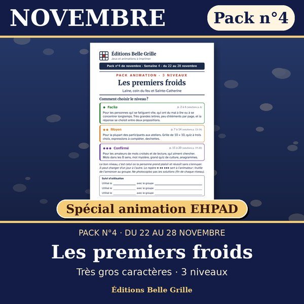 Couverture : Novembre · Pack n°4 Les premiers froids – Spécial animation EHPAD, jeux seniors en très gros caractères