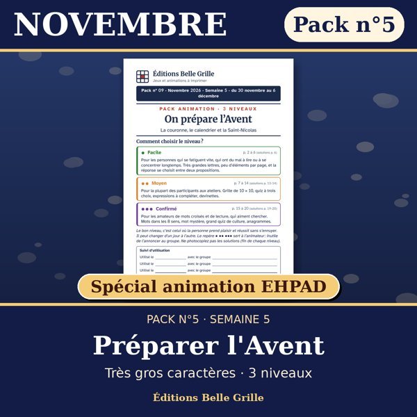 Couverture : Novembre · Pack n°5 Préparer l'Avent – Spécial animation EHPAD, jeux seniors en très gros caractères