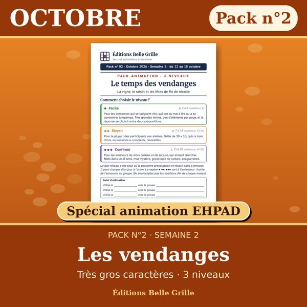 Couverture : Octobre · Pack n°2 Les vendanges – Spécial animation EHPAD, jeux seniors en très gros caractères