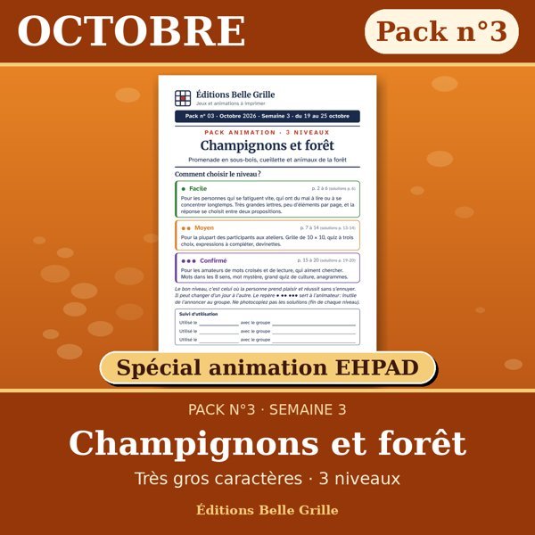 Couverture : Octobre · Pack n°3 Champignons et forêt – Spécial animation EHPAD, jeux seniors en très gros caractères