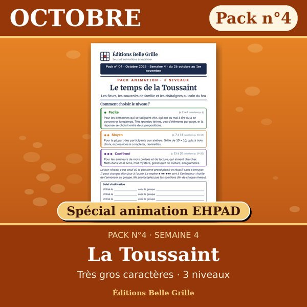 Couverture : Octobre · Pack n°4 La Toussaint – Spécial animation EHPAD, jeux seniors en très gros caractères