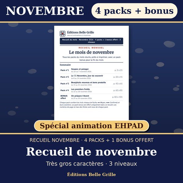 Couverture : Recueil de novembre · Packs 1 à 5 – Spécial animation EHPAD, jeux seniors en très gros caractères