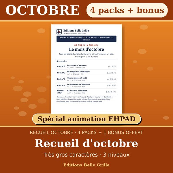 Couverture : Recueil d'octobre · Packs 1 à 4 – Spécial animation EHPAD, jeux seniors en très gros caractères